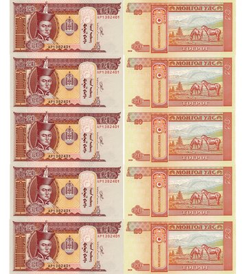 10 banknotów 20 Togrog, Mongolia, 2020, UNC