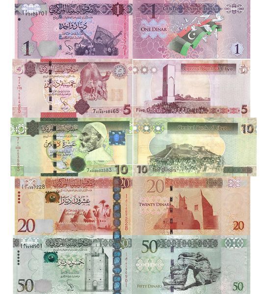 5 Banknotes 1, 5, 10, 20, 50 Dinars, Libya, 2011 - 2016, UNC