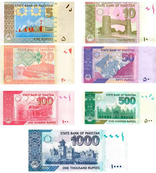 7 banknotów 5, 10, 20, 50, 100, 500, 1000 Rupees, Pakistan, 2009 - 2022, UNC