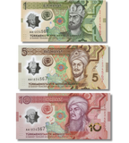3 banknoty 1, 5, 10 Manat, Turkmenistan, rok 2025, UNC Polimerowe Okolicznościowe - 30-lecie neutralności