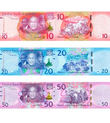 3 banknoty 10, 20, 50 Maloti, Lesoto, 2021, UNC