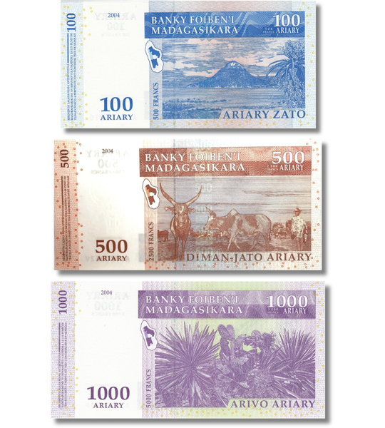 3 banconote 100, 500, 1000 Ariary, Madagascar, 2004, UNC 005626 фото