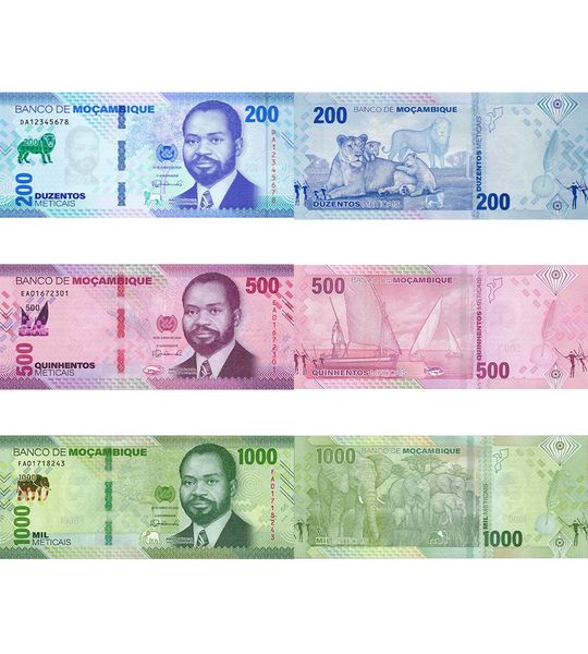 3 banknotes 200, 500, 1000 Meticais, Mozambique, 2024, UNC