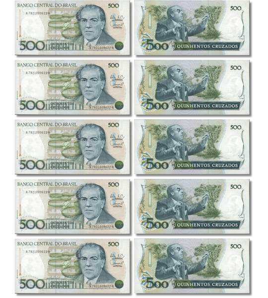 10 банкнот 500 Крузадо, Бразилия, 1987 год, aUNC 004082 фото