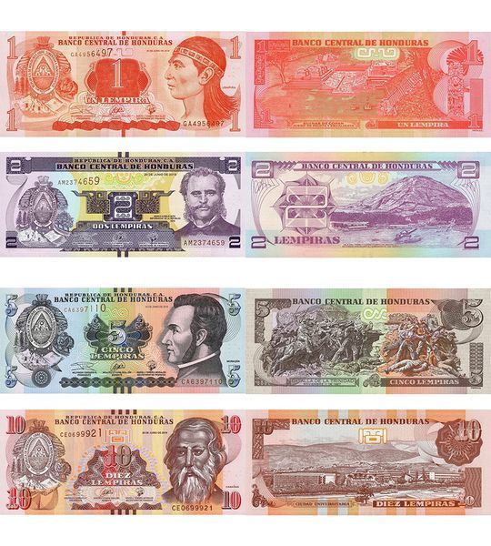 4 Banknotes 1, 2, 5, 10 Lempiras, Honduras, 2014 - 2019, UNC