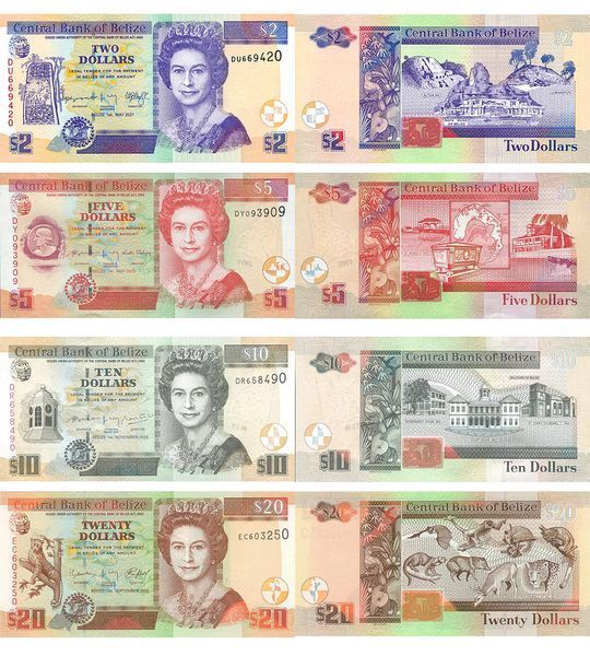 4 banknoty 2, 5, 10, 20 Dollars, Belize, 2020 - 2022, UNC