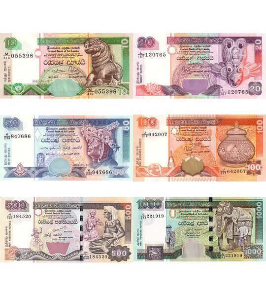 6 Banknotów: 10, 20, 50, 100, 500, 1000 Rupii, Sri Lanka, 2001 - 2006, UNC