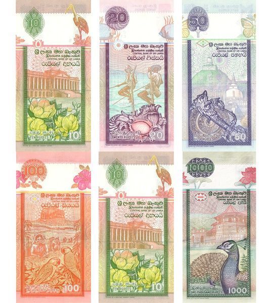 6 Banknotów: 10, 20, 50, 100, 500, 1000 Rupii, Sri Lanka, 2001 - 2006, UNC