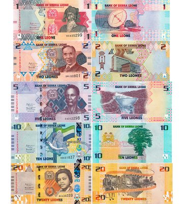 5 banknotów 1, 2, 5, 10, 20 Leones, Sierra Leone, 2022, UNC