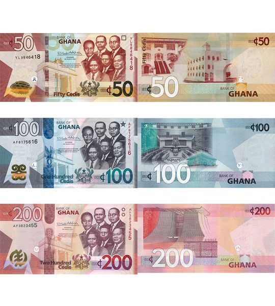 3 banknotes 50, 100, 200 Cedis, Ghana, 2022, UNC