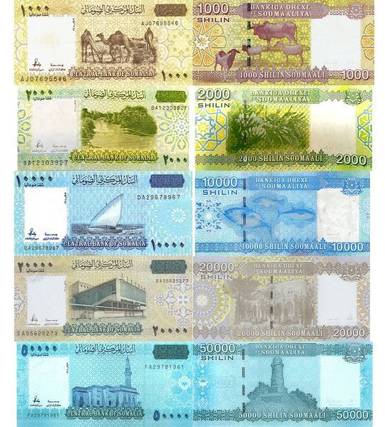 5 banconote 1000, 2000, 10000, 20000, 50000 Shillings, Somalia, 2010, UNC 004861 фото 5 banconote 1000, 2000, 10000, 20000, 50000 Shillings, Somalia, 2010, UNC 004861 фото