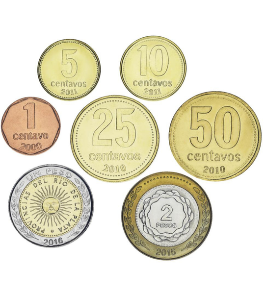 7 pi&egrave;ces 1, 5, 10, 25, 50 Centavos, 1, 2 Pesos, Argentine, 2000&ndash;2016, UNC 005728 фото
