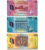 3 billetes 5, 10, 20 Tala, Samoa, a&ntilde;os 2023&ndash;2025, UNC Pol&iacute;mero 005393 фото