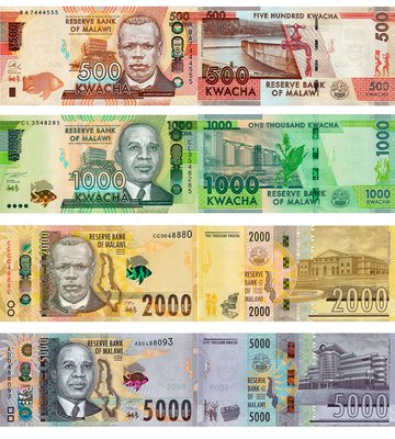 4 banknotes 500, 1000, 2000, 5000 Kwacha, Malawi, 2014 - 2021, UNC
