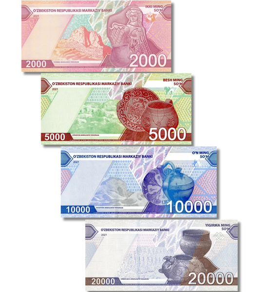 4 banknoty 2000, 5000, 10 000, 20 000 sum, Uzbekistan, 2021 - 2022 rok, UNC