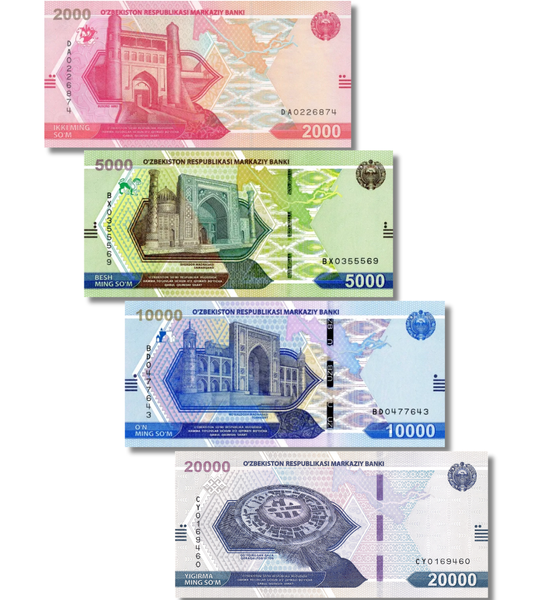 4 banknoty 2000, 5000, 10 000, 20 000 sum, Uzbekistan, 2021 - 2022 rok, UNC