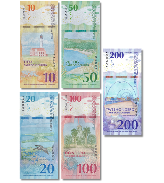 5 банкнот 10, 20, 50, 100, 200 Gulden, Кюрасао / Сінт-Мартен, 2025 рік, UNC 005343 фото