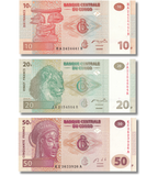 3 banconote 10, 20, 50 Franchi, Congo, 2003&ndash;2013, UNC 005630 фото