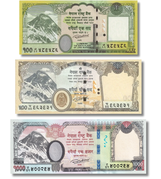 3 banknoty 100, 500, 1000 rupii, Nepal, 2019 - 2020 rok, UNC