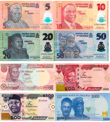 8 banknotów 5, 10, 20, 50, 100, 200, 500, 1000 Naira, Nigeria, 2014 - 2023, UNC Polymer + Paper