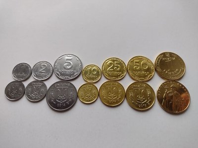 7 coins 1, 2, 5, 10, 25, 50 Кopiejek, 1 Hrywna, Ukraina, 2012 - 2019, UNC