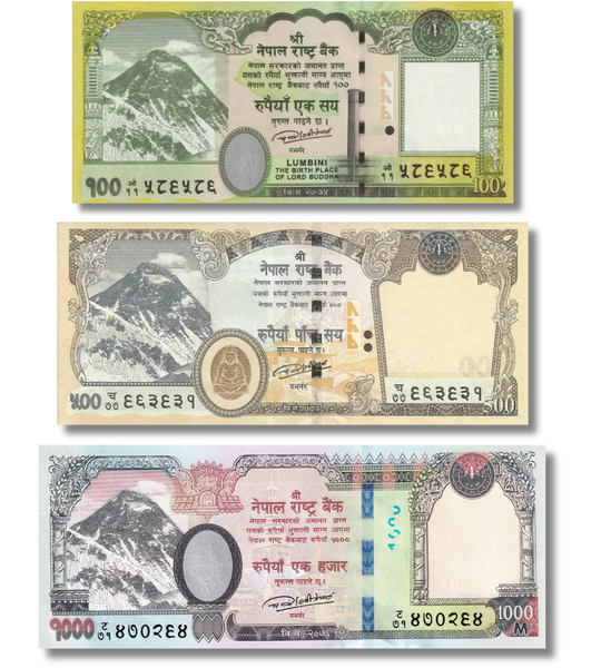 3 banknoty 100, 500, 1000 rupii, Nepal, 2019 - 2020 rok, UNC
