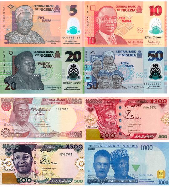 8 banknotów 5, 10, 20, 50, 100, 200, 500, 1000 Naira, Nigeria, 2014 - 2023, UNC Polymer + Paper