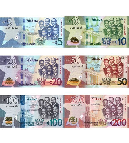 6 banknotes 5, 10, 20, 50, 100, 200 Cedis, Ghana, 2022, UNC