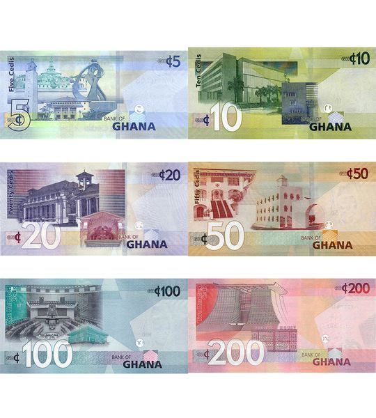 6 banknotes 5, 10, 20, 50, 100, 200 Cedis, Ghana, 2022, UNC