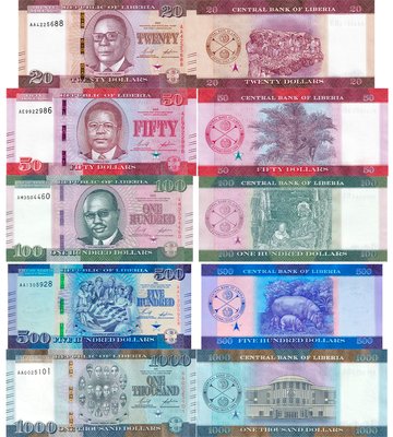 5 banknotów 20, 50, 100, 500, 1000 Dollars, Liberia, 2022, UNC