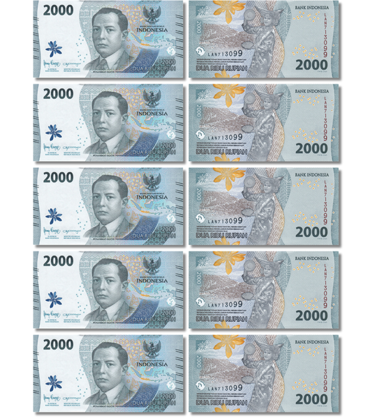 10 banconote da 2000 Rupie, Indonesia, 2022, UNC 004037 фото 10 banconote da 2000 Rupie, Indonesia, 2022, UNC 004037 фото