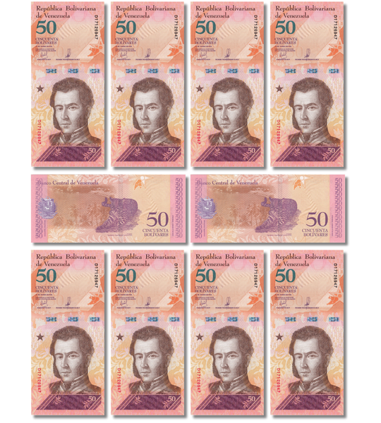 10 banconote da 50 Bolivares, Venezuela, 2018, UNC 000730 фото