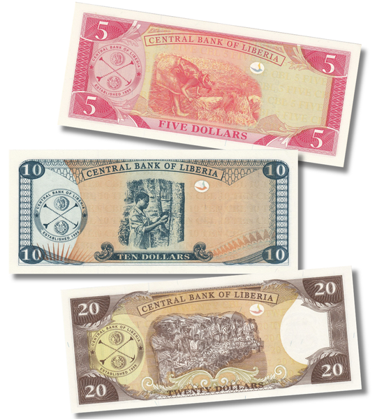 3 банкноти 5, 10, 20 Dollars, Ліберія, 2011 рік, UNC 005632 фото