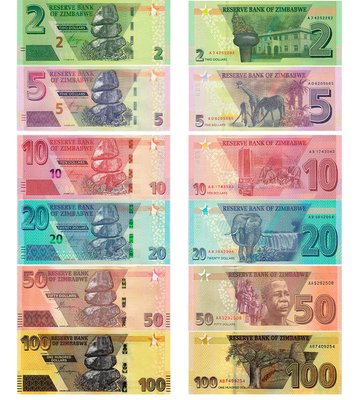 6 banknotes 2, 5, 10, 20, 50, 100 Dollars, Zimbabwe, 2019 - 2020 ( 2022 ), UNC