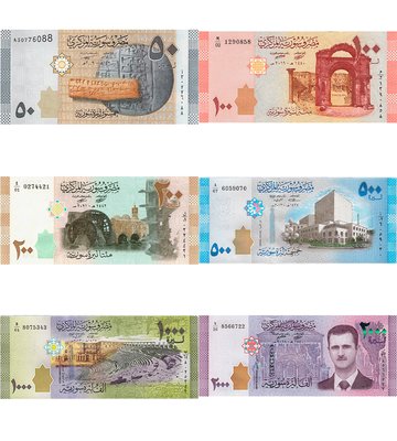 6 банкнот 50, 100, 200, 500, 1000, 2000 Pounds, Сирія, 2009 - 2021 рік, UNC 000381 фото