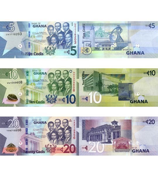 3 banknotes 5, 10, 20 Cedis, Ghana, 2022, UNC