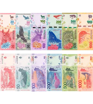 6 banknotes 20, 50, 100, 200, 500, 1000 Pesos, Argentina, 2016 - 2022, UNC