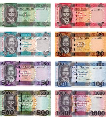 8 banknotów 1, 5, 10, 20, 50, 100, 500, 1000 Pounds, Południowy Sudan, 2011 - 2021, UNC