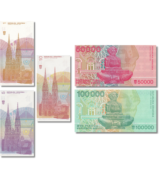 5 banconote 1, 5, 10, 50.000, 100.000 Dinara, Croazia, 1991 - 1993, UNC 005584 фото
