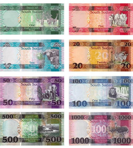 8 банкнот 1, 5, 10, 20, 50, 100, 500, 1000 Pounds, Південний Судан, 2011 - 2021 рік, UNC 001451 фото
