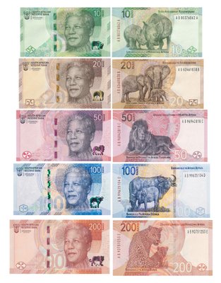 5 banknotów 10, 20, 50, 100, 200 Rand, Republika Południowej Afryki, 2023, UNC