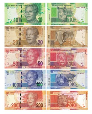 5 banknotes 10, 20, 50, 100, 200 Rand, South Africa,  2015, UNC