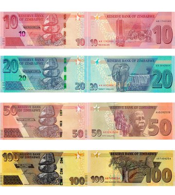 4 banknotes 10, 20, 50, 100 Dollars, Zimbabwe, 2020, UNC