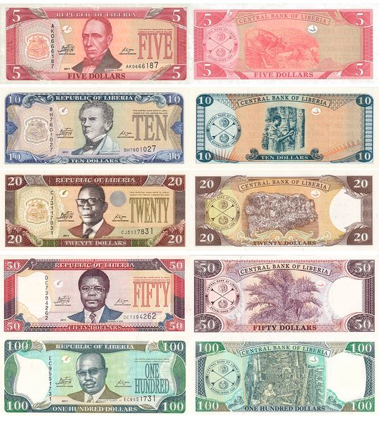 5 banknotes 5, 10, 20, 50, 100 Dollars, Liberia, 2011, UNC