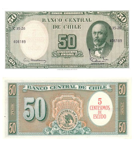 5 Centimos de Escudo on 50 Pesos, Chile, 1960 - 1961, UNC