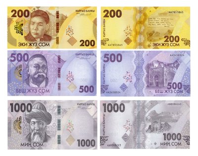 3 banknoty 200, 500, 1000 Som, Kirgistan, 2023, UNC
