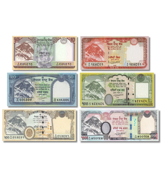 6 banknotes 10, 20, 50, 100, 500, 1000 Rupees, Nepal, 2019 - 2020, UNC