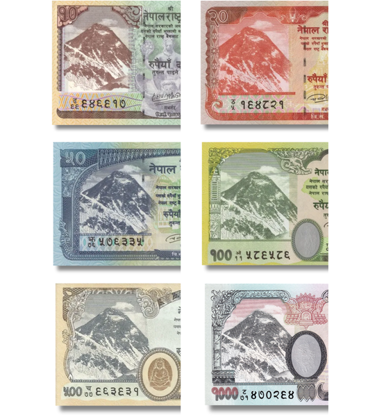 6 banknotes 10, 20, 50, 100, 500, 1000 Rupees, Nepal, 2019 - 2020, UNC