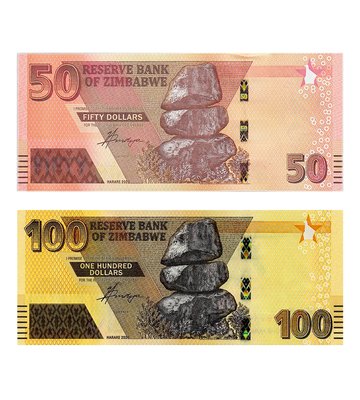 2 banknotes 50, 100 Dollars, Zimbabwe, UNC