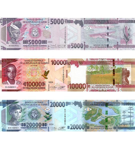 3 notas de 5000, 10000, 20000 Francos, Guiné, 2022 - 2024, UNC 004195 фото 3 notas de 5000, 10000, 20000 Francos, Guiné, 2022 - 2024, UNC 004195 фото
